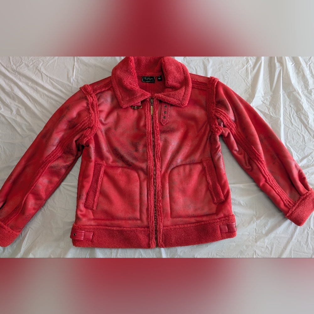 G by Giuliana Black Label Faux Suede and Shearling Zip-Front Coat Scarlet Red M